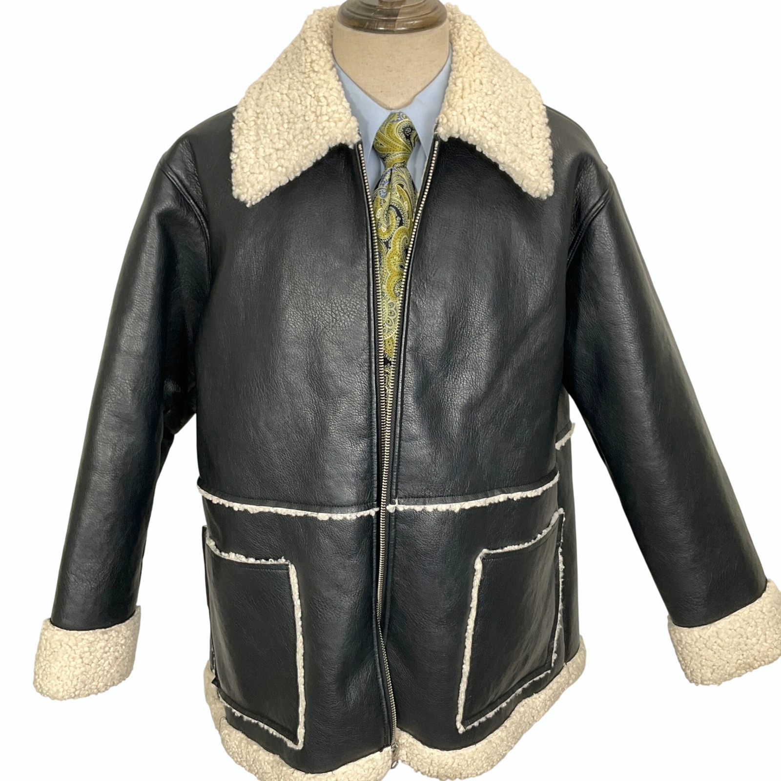Abercrombie & Fitch Jacket Men Large Navy Vegan Leather Sherpa Lined Aviator